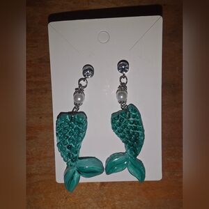 Green Mermaid Tail Polymer Clay Earrings With Stainless Steel Studs